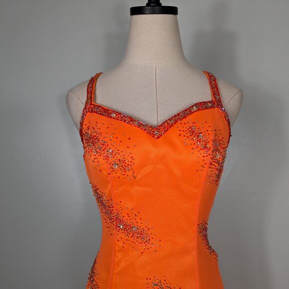 Vintage Silk Prom Dress Maxi Gown 4 Orange Y2K Ruffle Fairy Bead Slip Glam Guest - Picture 6 of 16